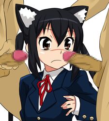 animal_ears azusa_nakano_(k-on!) black_hair cat_ears censored female human k-on! long_hair male omeyokan penis school_uniform straight