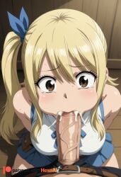 1boy 1girl :>= ai_generated arms_behind_back artist_name bare_shoulders belt blonde_hair blue_ribbon blue_skirt blush breasts brown_belt brown_eyes cum cum_in_mouth erection fairy_tail fellatio from_above hair_ribbon hetero hexogen large_breasts large_penis long_hair looking_at_viewer looking_up lucy_heartfilia medium_breasts miniskirt official_style oral patreon_logo patreon_username penis pleated_skirt pov pov_crotch ribbon shirt side_ponytail sidelocks skirt sleeveless sleeveless_shirt solo_focus sweat tears uncensored veins veiny_penis white_shirt