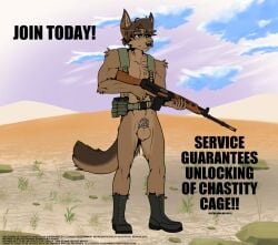 5_fingers accessory anthro assault_rifle balls black_nose boots brown_body brown_fur brown_hair canid canine canis chastity_cage chastity_device clothing english_text evangellos fingers fn_fal footwear fur genitals gun hair harness headband humanoid_hands male mammal mostly_nude mostly_nude_anthro mostly_nude_male penis ranged_weapon rifle shoes solo standing tail text weapon wolf