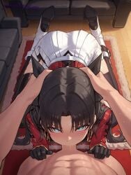 1girls ai_generated black_hair black_thighhighs blue_eyes blush eyebrows_visible_through_hair fate_(series) honkai:_star_rail jacket long_hair parted_bangs patreon patreon_username red_jacket rin_tohsaka skirt thighhighs twintails white_skirt xzollosez