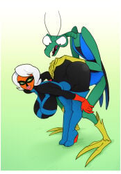 1boy 1girls adult_swim bedroom_eyes beehive_hairdo bending_over bent_over boner brak's_mom clothed gloves hanging_breasts huge_ass huge_breasts imminent_sex insect insectoid milf short_hair thick_thighs thighhighs