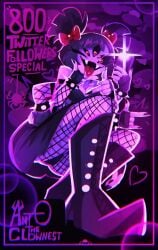 alt_girl anto_the_clownest antotheclownest arachnid_humanoid black_hair black_nails boobs boots breasts fangs middle_finger muffet multiple_eyes multiple_hands net_stockings phone phone_in_hand posing purple_skin spider spider_girl spiked_bracelet thick tongue_out twintails undertale undertale_(series) wink
