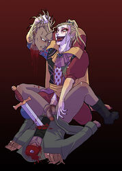 2boys anal anal_sex artist_request blonde_hair blood censored clothed_sex crying death decapitation final_fantasy final_fantasy_vi gay gore guro hair hair_ornament headless kefka_palazzo leo_cristophe makeup male male_death male_only multiple_males murder penis sword tear testicles weapon yaoi