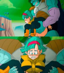 anal animated blue_eyes blue_hair bulma_briefs clothed_sex clothing dragon_ball dragon_ball_z full_nelson sex yamamoto_doujin