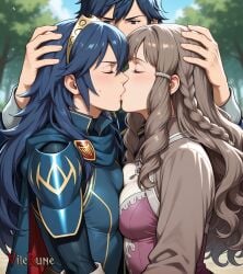 1boy 2girls ai_generated blue_hair breast_press chrom_(fire_emblem) closed_eyes curly_hair fire_emblem fire_emblem_awakening forced_kiss forced_partners forced_yuri girls_kissing kiss lucina_(fire_emblem) mother_and_daughter outdoors sumia_(fire_emblem) symmetrical_docking upper_body vilerune