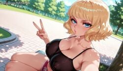 1girl 2026 ai_generated anime bangs blonde_hair blue_eyes blunt_bangs blush boobs breasts cleavage collarbone covered_nipples crossover day eye_contact female female_focus flushed highres huge_breasts large_breasts looking_at_viewer midriff navel nsfw one_piece outdoors patreon pink_shorts rognezart selfie short_hair short_shorts shorts sitting solo stussy_(one_piece) sweat sweaty thick_thighs thighs tree v