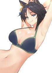 1girl armpits arms_behind_head arms_up artist_request black_bra black_hair blue_eyes closed_mouth fuji_kiseki_(umamusume) large_breasts looking_at_viewer multicolored_hair navel short_hair smile solo stomach umamusume umamusume_pretty_derby white_hair