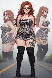 ai_generated blushing boots chubby chubby_female dress fat_ass female freckles gabi_kittle glasses green_eyes red_hair snake_tattoo thick_thighs wide_hips