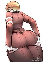 1girls 2d asazaz12_nsfw_(artist) ass ass_focus big_ass clothed clothing digital_media_(artwork) female female_focus female_only from_behind hair hair_ornament lobotomy_corporation looking_at_viewer looking_back malkuth_(lobotomy_corporation) project_moon simple_background suit video_games white_background