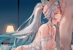 1boy 1girl ai_generated animal_ears bare_shoulders breasts breasts_out cum cum_in_mouth cum_inside deepthroat detached_sleeves feixiao_(honkai:_star_rail) green_eyes head_grab hetero highres honkai:_star_rail honkai_(series) kemonomimi lingerie nipples nsfw oral oral_sex sex uncensored white_hair white_lingerie