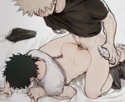 2boys anal ass ass_focus back bakugou_katsuki bare_back bare_legs blonde_hair blush boku_no_hero_academia bones_(company) crying green_hair huge_ass in_pain izuku_midoriya katsuki_bakugou legs lying messy_hair midoriya_izuku my_hero_academia on_bed on_stomach pain penis pubic_hair scarf sex shirt shirt_only shorts shounen_jump spiked_hair sweat tears underwear_pull_(male) yaoi