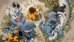 2_penises after_sex animal_genitalia animal_penis anthro bodily_fluids cuddling cum cum_on_face cum_on_ground cum_on_self dragon duo feral finch_(strathven) flower genital_fluids genitals hemipenes hi_res junebug_(strathven) looking_pleasured male multi_genitalia multi_penis mythological_creature mythological_scalie mythology oral penis plant precum scalie size_difference strathven
