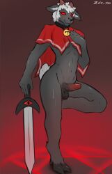 9:14 anthro balls bell bovid caprine cloak clothing collar cult_of_the_lamb erection femboy genitals glans glowing glowing_eyes hi_res horn lamb_(cult_of_the_lamb) male mammal massive_monster_(studio) melee_weapon occult_symbol penis pentagram presenting presenting_penis red_eyes sheep short_tail solo sword symbol tail weapon zulu_uwu