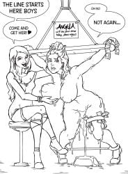 2girls after_gangbang after_sex arms_held_up big_breasts black_and_white cfnf clothed_female clothed_female_nude_female condom condom_wrapper cum cum_bowl cum_drip cum_on_ass dubious_consent hanging_breasts high_heels holding_hair huge_breasts imminent_gangbang imminent_sex large_breasts milf money money_in_thighhigh nude_female restrained sagging_breasts small_breasts sparrow_(artist) spreader_bar trembling used_condom used_condoms used_condoms_belt