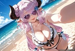 1girl ai_assisted ai_generated bare_shoulders beach bikini blurry braid breasts cleavage collarbone curvaceous curvy curvy_female curvy_figure day depth_of_field double_bun draph female granblue_fantasy hair_ornament hair_over_one_eye heart-shaped_pupils horns large_breasts long_hair looking_at_viewer miyuai narmaya_(granblue_fantasy) narmaya_(summer)_(granblue_fantasy) navel ocean outdoors pointy_ears reaching_out ribbon sand smile solo swimsuit symbol-shaped_pupils thick thick_ass thick_butt thick_hips thick_legs thick_thighs thigh_strap tongue tongue_out twintails very_long_hair voluptuous voluptuous_female watermark web_address white_bikini wide_hips wide_thighs