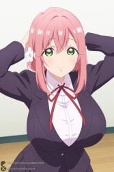 100_kanojo 1female 1girl 1girls 2026 ai_generated arms_behind_head artist_name bangs big_ass big_breasts blush breasts closed_mouth curvy flower green_eyes hair_flower hair_ornament hanazono_hakari hi_res high_quality high_resolution highres huge_ass huge_breasts jacket large_breasts long_sleeves looking_at_viewer neck_ribbon patreon patreon_username pink_hair red_ribbon ribbon school_uniform shirt short_hair skirt smile solo the_100_girlfriends_who_really_really_really_really_really_love_you unjobdespiert watermark white_shirt wooden_floor