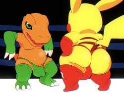 4:3 agumon armwear bandai_namco bodily_fluids butt clothing digimon digimon_(species) digital_media_(artwork) digital_painting_(artwork) duo feral fighting_ring game_freak gayoshie generation_1_pokemon gloves green_armwear green_clothing green_eyes green_legwear green_thong green_underwear half-closed_eyes handwear hi_res legwear male male/male mammal mouse murid murine narrowed_eyes nintendo open_mouth orange_body painting_(artwork) pikachu pokemon pokemon_(species) red_armwear red_clothing red_legwear red_thong red_underwear reptile rodent scalie stockings sweat sweaty_body tail tenting thong underwear wrestling yellow_body