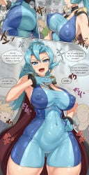 1girl absurdres ass backwards_hat baseball_cap black_cape blue_bodysuit blue_eyes blue_gloves blue_hair bodysuit bouncing_breasts breasts cameltoe cape clair_(pokemon) commentary_request covered_navel covered_nipples earrings ethan_(pokemon) faceless faceless_male gloves hat highres jewelry large_breasts long_hair looking_at_viewer open_mouth pokemon pokemon_heartgold_and_soulsilver pokemon_masters_ex ponytail smile tooth_earrings type-dog unitard