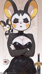 1girl ai_generated animal_ears animal_nose black_bodysuit blush bodysuit breasts cleavage cleavage_cutout closed_eyes clothing_cutout crossed_arms cup decurse emolga furry furry_female large_breasts latex makeup mug open_mouth outline planted planted_sword pokemon pokemon_(creature) shiny shiny_clothes sword tail teeth watermark weapon