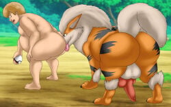 16:10 absurd_res animal_genitalia animal_penis arcanine balls bent_over big_balls big_butt bodily_fluids butt butt_sniffing camp14 canine_genitalia canine_penis duo feral field generation_1_pokemon genital_fluids genitals hi_res human interspecies knot male male/male mammal nintendo nude overweight overweight_male penis pokeball pokemon pokemon_(species) pokephilia precum sniffing tongue tongue_out widescreen