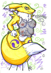 anthro bottomless breasts cautioncat clothes color digimon female female_only fur furry multi_breast renamon solo standing tagme