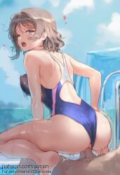 1boy 1girl 2026 ai_generated ass back back_cutout bare_arms bare_shoulders barefoot blue_eyes blue_one-piece_swimsuit blue_sky blush bouncing_breasts breasts brown_hair clothed_female_nude_male clothed_sex clothing_aside cloud competition_swimsuit covered_nipples day from_behind girl_on_top grey_hair heart hetero highres large_breasts looking_at_viewer looking_back love_live! medium_breasts motion_lines nipples nsfw nude one-piece_swimsuit open_mouth outdoors penis pool pool_ladder poolside pussy reverse_cowgirl_position serain sex sex_from_behind short_hair sky solo_focus squatting squatting_cowgirl_position straddling swimsuit swimsuit_aside teeth uncensored upper_teeth_only vaginal watanabe_you water wet