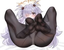 1boy 1girl ass black_pantyhose blue_archive blush feet foot_fetish hair_over_one_eye halo kalun_(fwme3378) kanoe_(blue_archive) large_penis multicolored_eyes orange_eyes purple_eyes short_hair soles straight toes white_hair yellow_halo