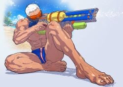 bara beach bulge daddy dilf feet foot gay male male_only muscular muscular_male overwatch soldier_76 solo summer white_hair