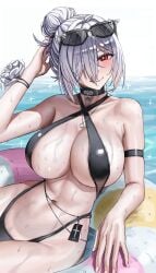 1girls artist_request black_clothing cinderella_(crystal_wave)_(nikke) cinderella_(nikke) cleavage collar female female_only goddess_of_victory:_nikke one_piece_swimsuit outdoors png revealing_clothes shiny_clothes skimpy_clothes skindentation sling_bikini slingshot_swimsuit water white_hair