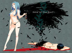 bikini_bottom blood blue_eyes blue_hair censor_hair censored convenient_censoring feathers feet hair_over_breasts higashi_no_eden kuroha_diana_shiratori takizawa_akira task_owner tasukuoona topless wings