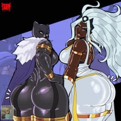 2girls arc_system_works artist_signature ass_focus black_bodysuit black_panther_(marvel) black_panther_(series) black_panther_(shuri) blue_eyes cat_ears dark-skinned_female dark_skin earrings ebony fat_ass female_only fur_cloak hi_res highres huge_ass lightning_bolt_earrings localcucaracha marvel_tokon:_fighting_souls ororo_munroe shuri_(marvel) shuri_(marvel_tokon) storm_(marvel_tokon) storm_(x-men) white_hair