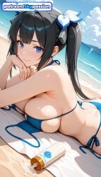 1girls 2026 ai_assisted ai_generated anime beach bikini blue_bikini blue_eyes boobs breasts bust cloud dungeon_ni_deai_wo_motomeru_no_wa_machigatteiru_darou_ka head_rest hestia_(danmachi) hi_res high_quality high_resolution highres looking_at_viewer lying_on_stomach on_stomach outdoors patreon patreon_username prone_position sand side-tie_bikini sky skypassion smile solo stable_diffusion swimsuit tits untied water watermark