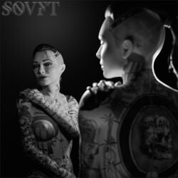 3d 3d_(artwork) greyscale jack_(mass_effect) mass_effect pinup sovftwarensfw tattoo tattoos