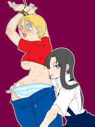 2girls artist_request black_hair blonde blonde_hair blue_eyes blue_jeans blue_pants blush blushing breasts clock_tower clothing curvy dress eyebrows_visible_through_hair eyelashes female female_only fully_clothed grey_eyes hands_tied jeans jennifer_simpson long_hair looking_at_viewer looking_back lotte_(clock_tower) medium_breasts open_mouth panties pants pants_pull pinafore_dress purple_background red_shirt sexually_suggestive shirt shirt_lift short_hair sideboob smile smiling standing striped_panties striped_underwear sweatdrop tied_hands tongue underboob underwear video_game video_games white_shirt wide_hips