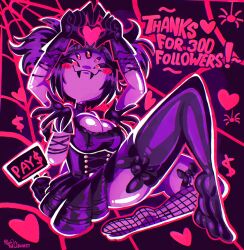 ani_(twitter) ani_(xai) anto_the_clownest antotheclownest arachnid_humanoid black_dress black_hair blush boobs breasts fangs heart_hands muffet multiple_eyes multiple_hands net_stockings purple_skin spider spider_girl stockings text twintails undertale undertale_(series)