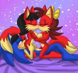 accessory angelofhapiness archie_comics black_hair blue_body blue_fur blush canid canine eulipotyphlan eyelashes eyes_closed feet female female/female fiona_fox fox fur green_eyes group hair hair_accessory hair_ribbon hedgehog hi_res kissing li_moon lying male male/female mammal red_body red_fur ribbons sega sonic_the_hedgehog sonic_the_hedgehog_(archie) sonic_the_hedgehog_(comics) sonic_the_hedgehog_(series) tail trio