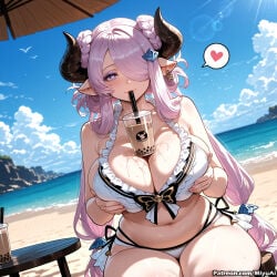 1girl ai_assisted ai_generated beach bikini blue_eyes blue_sky blush breast_hold breast_lift breasts bubble_tea bubble_tea_challenge cleavage cloud cup curvaceous curvy curvy_female curvy_figure day double_bun draph drinking drinking_straw earrings female frilled_bikini frills granblue_fantasy hair_ornament hair_over_one_eye heart heart-shaped_pupils horns huge_breasts jewelry long_hair looking_at_viewer low-tied_long_hair miyuai narmaya_(granblue_fantasy) narmaya_(summer)_(granblue_fantasy) navel ocean outdoors pointy_ears sand seiza sidelocks sitting sky smile solo swimsuit thick thick_ass thick_butt thick_hips thick_legs thick_thighs thigh_strap tree umbrella very_long_hair voluptuous voluptuous_female white_bikini wide_hips wide_thighs