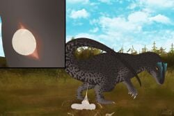absurd_res allosauroid ambiguous_fluids animal_genitalia bodily_fluids cloaca cloaca_juice cloacal dinosaur egg female feral forest_background genital_fluids genitals hi_res holoeclvpse oviposition prehistoric_species reptile saurischian scalie solo stretched_cloaca stretching theropod