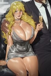 1boy 1boy1girl 1girls 2026 2d ai_generated big_breasts blue_eyes breasts choker cleavage curly_hair dark-skinned_male dark_skin dress earrings genderswap genderswap_(mtf) hair_down holding_drink interracial light-skinned_female light_skin looking_at_viewer naruko naruto naruto_(series) naruto_shippuden novelai raikage rule_63 size_difference smile smiling_at_viewer suit twitwit uzumaki_naruto voluptuous voluptuous_female