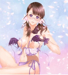 1girls alternate_breast_size bare_shoulders blue_eyes bottomless bra bra_removed breasts brown_hair cattleya cherry_blossoms dressing female flower glasses gloves heart lingerie long_hair mature_female milf mother navel nipples numeri_(gunfra) numeri_(pixiv) panties petals queen's_blade side-tie_panties sitting solo tied_hair topless twintails underwear young