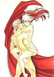 2009 anna_marie arms_around_partner cape completely_nude erik_lehnsherr hand_on_butt hand_on_head long_hair_female looking_at_another magneto marvel marvel_comics max_eisenhardt medium_breasts nude rogue_(x-men) romantic sex straight_hair suspended_congress tagme white_hair x-men zombiesmile