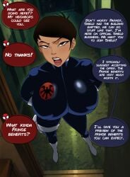 big_breasts black_hair breasts dark-skinned_female english_text female female_focus looking_up maria_hill maria_hill_(earth's_mightiest_heroes) marvel military peter_parker rossart short_hair skin_tight_suit speech_bubble spider-man spider-man_(series) thick_thighs zstorys22