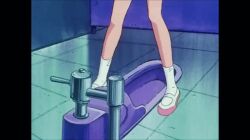 1girl animated animated_gif anime_screenshot blue_eyes hell_teacher_nube inaba_kyouko jacket jigoku_sensei_nube kyoko_inaba long_twintails nervous orange_hair panties public_restroom shirt shoes shorts sneakers socks toei_company twintails underwear urinal white_panties