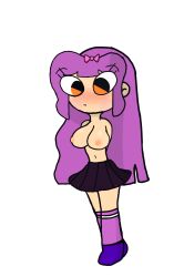 big_breasts blushing breasts orange_eyes purple_hair skirt