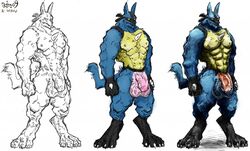 3_toes 4_fingers abs anthro barefoot color flaccid front_view fur furry lucario male male_only muscles nude penis pokemon pokemon_(species) simple_background solo spike standing white_background