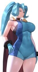 1girl absurdres black_cape blue_bodysuit blue_eyes blue_gloves blue_hair bodysuit breasts cape clair_(pokemon) closed_mouth commentary earrings gloves hair_between_eyes highres jewelry large_breasts long_hair pokemon pokemon_heartgold_and_soulsilver ponytail shou_illust simple_background solo tooth_earrings unitard white_background