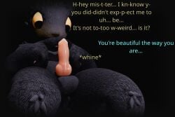 3:2 3d_(artwork) 4_fingers absurd_res animal_genitalia animal_penis animal_vulva anthro balls black_background black_body black_fur blush bodily_fluids canine_genitalia canine_penis canine_vulva casualties:_unknown compliment dialogue digital_media_(artwork) dripping embarrassed encouragement english_text expie_(gunsawian) fingers fingers_together fur genital_fluids genitals groxxy gunsawian herm hi_res index_to_index intersex knot knotted_penis looking_down nervous noise_filter onomatopoeia orange_eyes pawpads penis precum precum_drip presenting presenting_penis presenting_vulva reassuring simple_background sitting solo sound_effects stuttering talking_to_another text vignette vulva whining yellow_blush