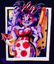anto_the_clownest antotheclownest arachnid_humanoid beach beach_background black_hair boobs breasts cocktail fangs muffet multiple_eyes multiple_hands popsicle popsicle_melting purple_skin spider spider_girl sunglasses_on_head thick twintails undertale undertale_(series)