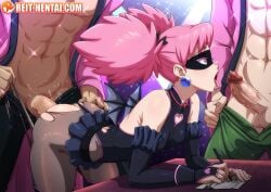 1girl 2boys ass ass_up background blowjob clothed_female clothed_sex clothes clothes_ripping faceless_male female female_focus from_behind girl idol kazuho_haneyama my_hero_academia open_mouth pink_eyes pink_hair pop_step reit sex tagme torn_pantyhose twintails vigilante:_my_hero_academia_illegals watermark