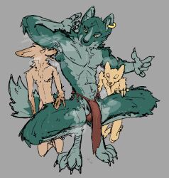 abs anthro armpit_fetish armpit_sniffing armpit_tuft balls big_feet bodily_fluids body_worship bottomwear bulge canid canine canis chest_tuft claws clothed clothing countershading drooling ear_piercing ear_ring feet fur furrowed_eyebrows genitals green_body green_fur group hieronymusjohnson kneeling larger_male loincloth loincloth_only looking_at_another looking_at_genitalia looking_at_penis male male/male mammal muscular muscular_anthro neck_tuft nipples pecs penis piercing pubes raised_arms ring_piercing saliva saliva_string scar size_difference smaller_male sniffing sweat tail topless trio tuft underwear wet wet_clothing wet_underwear wolf yellow_eyes